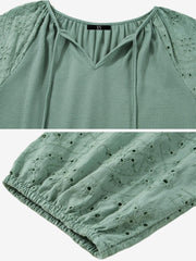 Solid Color V Neck 3/4 Sleeves Eyelet Blouse