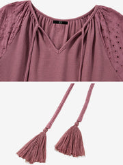 Solid Color V Neck 3/4 Sleeves Eyelet Blouse