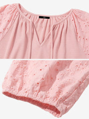 Solid Color V Neck 3/4 Sleeves Eyelet Blouse