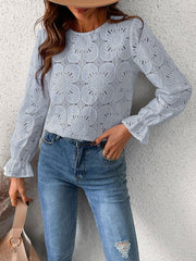 Round Neck Lace Long Sleeves Casual Blouse