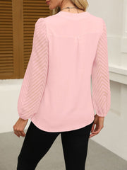 Solid Color Notch Neck Textured Sheer Puff Sleeves Blouse