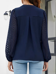 Solid Color Notch Neck Textured Sheer Puff Sleeves Blouse