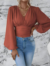 Ruched V Neck Puff Long Sleeves Smocked Casual Blouse