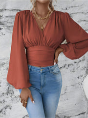 Ruched V Neck Puff Long Sleeves Smocked Casual Blouse