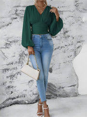 Ruched V Neck Puff Long Sleeves Smocked Casual Blouse