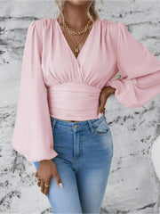 Ruched V Neck Puff Long Sleeves Smocked Casual Blouse