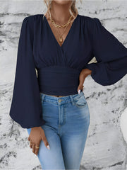 Ruched V Neck Puff Long Sleeves Smocked Casual Blouse