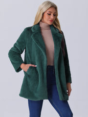 Lapel Collar Faux Fur Fuzzy Winter Warm Pockets Coat
