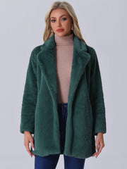Lapel Collar Faux Fur Fuzzy Winter Warm Pockets Coat