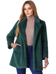 Lapel Collar Faux Fur Fuzzy Winter Warm Pockets Coat