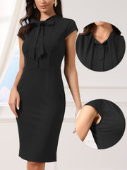 Work Bow Tie Neck Cap Sleeve Side Zipper Sheath Dress