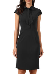 Work Bow Tie Neck Cap Sleeve Side Zipper Sheath Dress