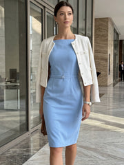Sleeveless Square Neck Belted Formal Business Work Dress