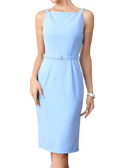 Sleeveless Square Neck Belted Formal Business Work Dress