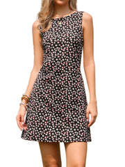 Floral Sleeveless Boat Neck A-Line Summer Mini Sundress