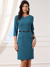 3/4 Sleeve Notch Neck Belted Business Office Sheath Dress