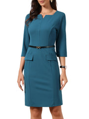 3/4 Sleeve Notch Neck Belted Business Office Sheath Dress