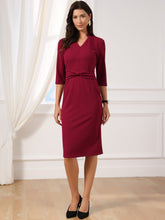 3/4 Sleeve Collared V Neck Business Office Sheath Dress