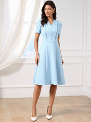 Short Sleeve V Neck Button Decro A-Line Business Casual Dress
