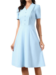 Short Sleeve V Neck Button Decro A-Line Business Casual Dress