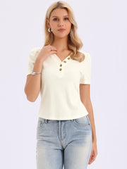 Button V Neck Casual Short Sleeve Ribbed Blouse