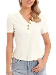 Button V Neck Casual Short Sleeve Ribbed Blouse