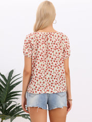 Floral Pleated Crew Neck Lightweight Short Sleeve Blouse