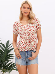 Floral Pleated Crew Neck Lightweight Short Sleeve Blouse