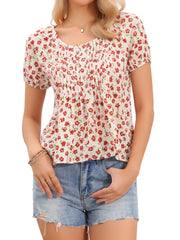 Floral Pleated Crew Neck Lightweight Short Sleeve Blouse