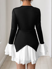 Colorblock V Neck Long Sleeves Ruffle Mini Dress