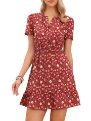 Floral Notch Neck Smocked Waist Above the Knee Tiered Dress