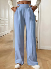 Elastic Waist Button Decor Straight Legs Pants