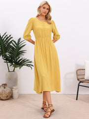Round Neck Puff 3/4 Sleeve Pockets Eyelet Detail Boho Midi Dress