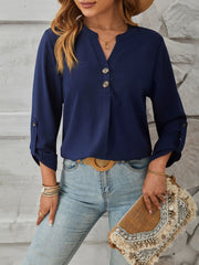Notch Neck Buttoned Long Sleeves Casual Blouse