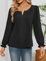 Solid Color Notch Neck Long Sleeves Pleated Blouse