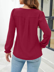 Solid Color Notch Neck Long Sleeves Pleated Blouse