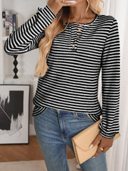 Button Notch Neck Striped Long Sleeves Knit Blouse