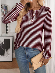 Button Notch Neck Striped Long Sleeves Knit Blouse