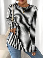 Round Neck Slit Long Sleeve Striped Blouse