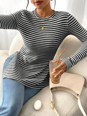 Round Neck Slit Long Sleeve Striped Blouse