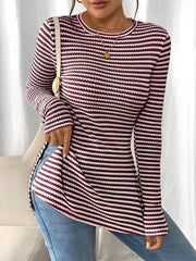 Round Neck Slit Long Sleeve Striped Blouse