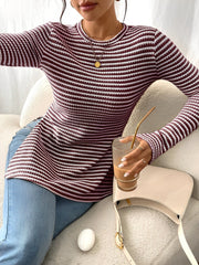 Round Neck Slit Long Sleeve Striped Blouse
