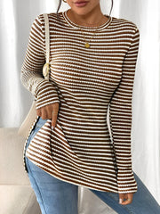 Round Neck Slit Long Sleeve Striped Blouse