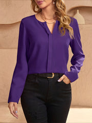 Notch Neck Satin Long Sleeves Work Office Blouse