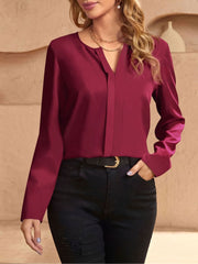 Notch Neck Satin Long Sleeves Work Office Blouse