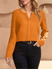Notch Neck Satin Long Sleeves Work Office Blouse