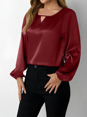 Satin Round Neck Keyhole Long Sleeves Blouse