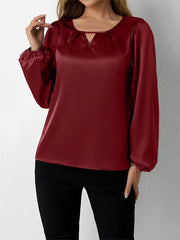 Satin Round Neck Keyhole Long Sleeves Blouse