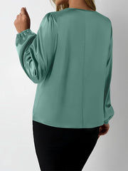 Satin Round Neck Keyhole Long Sleeves Blouse