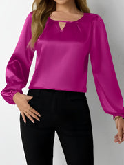 Satin Round Neck Keyhole Long Sleeves Blouse